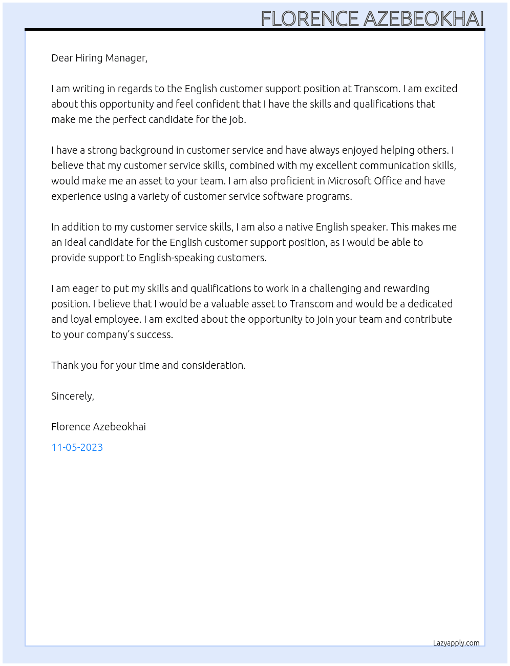 English customer support At Transcom Cover Letter
