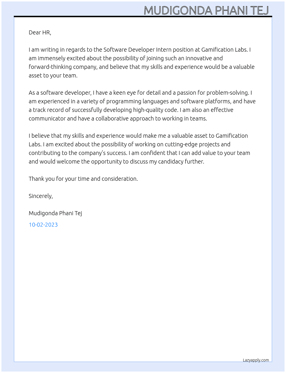 Software Developer Intern  At Gamification Labs Cover Letter