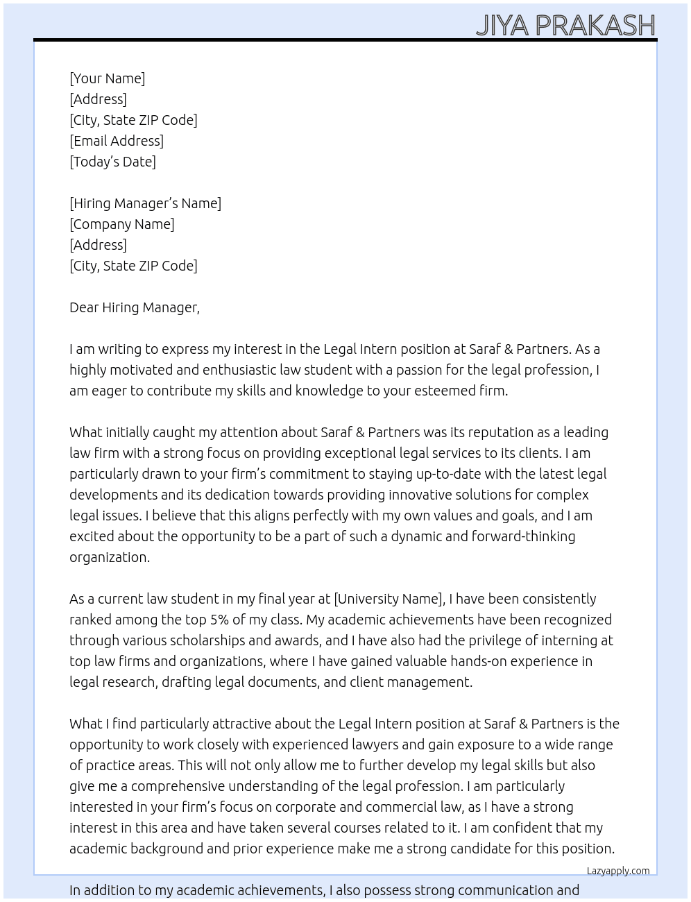 Legal Intern At Saraf & Partners Cover Letter