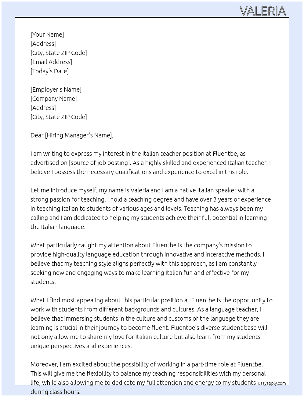 Italian teacher At Fluentbe Cover Letter