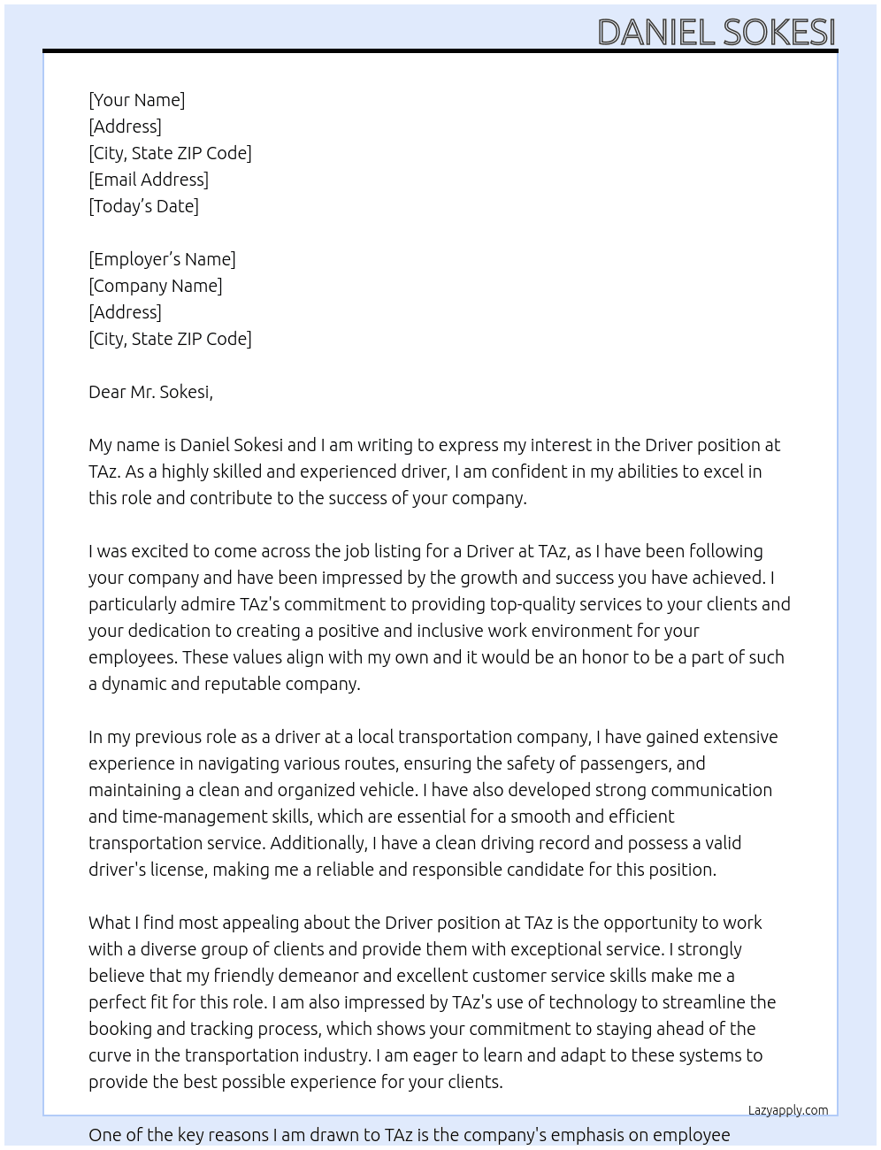 Driver  At TAz Cover Letter