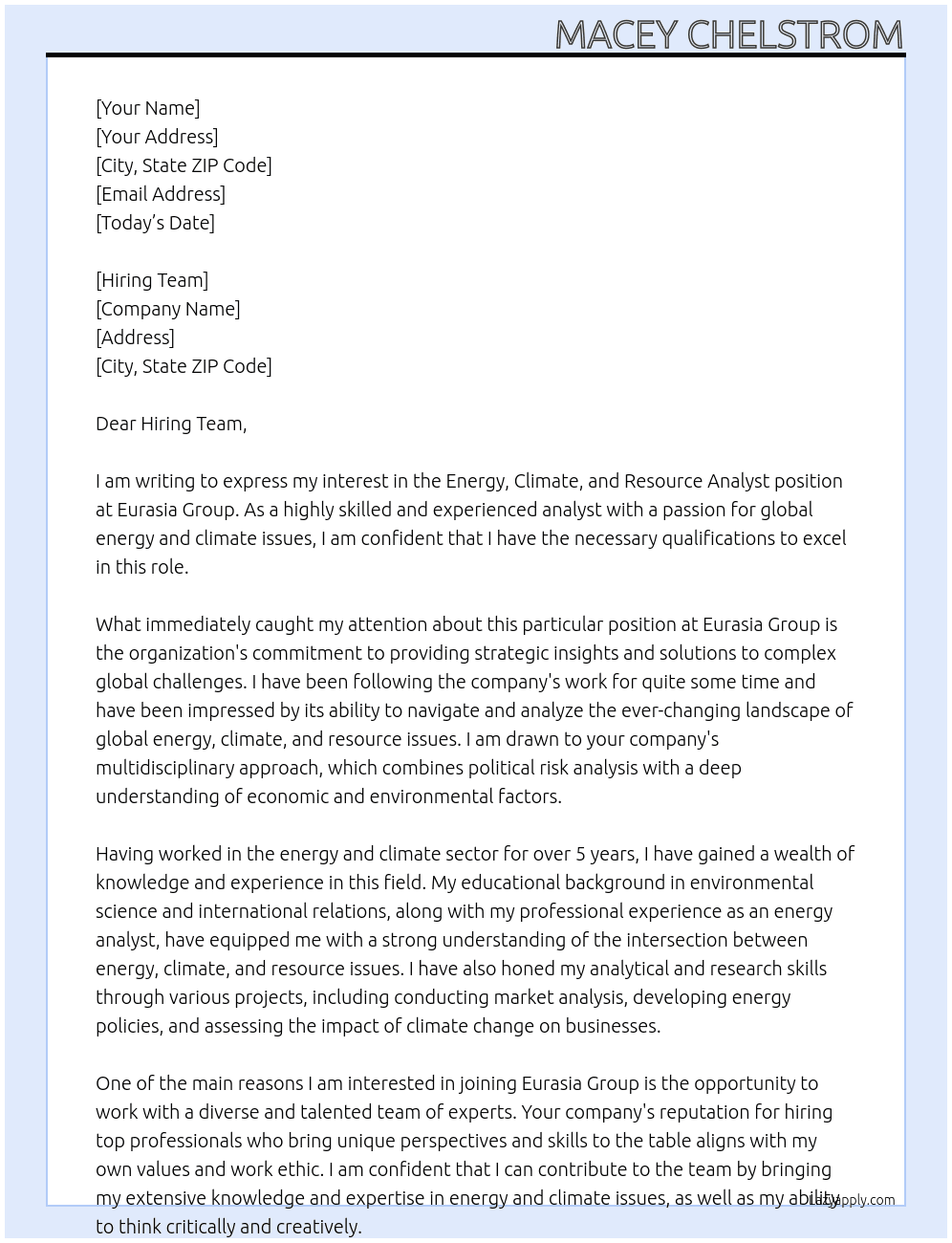 Energy, Climate and Resource Analyst At Eurasia Group Cover Letter