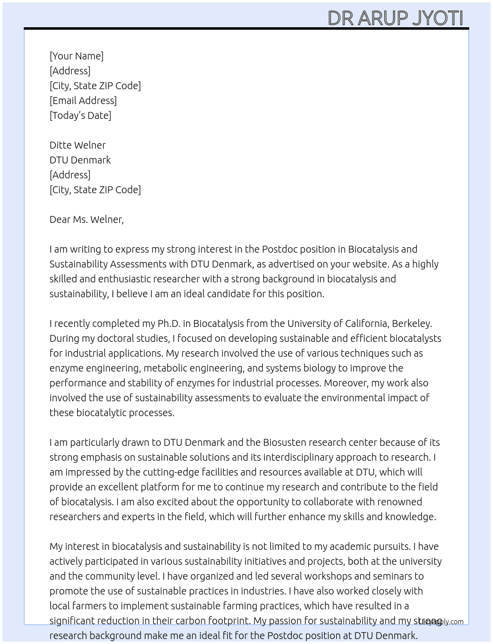 Postdoc in biocatalysis and sustainability assessments  At DTU denmark Cover Letter