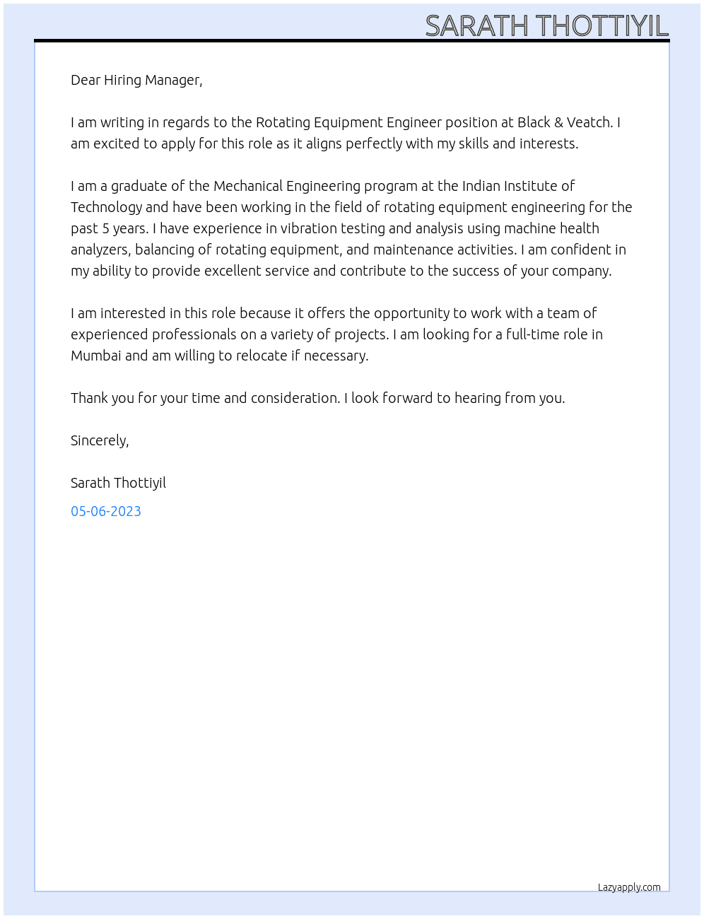 Rotating equipment engineer  At Black & Veatch  Cover Letter