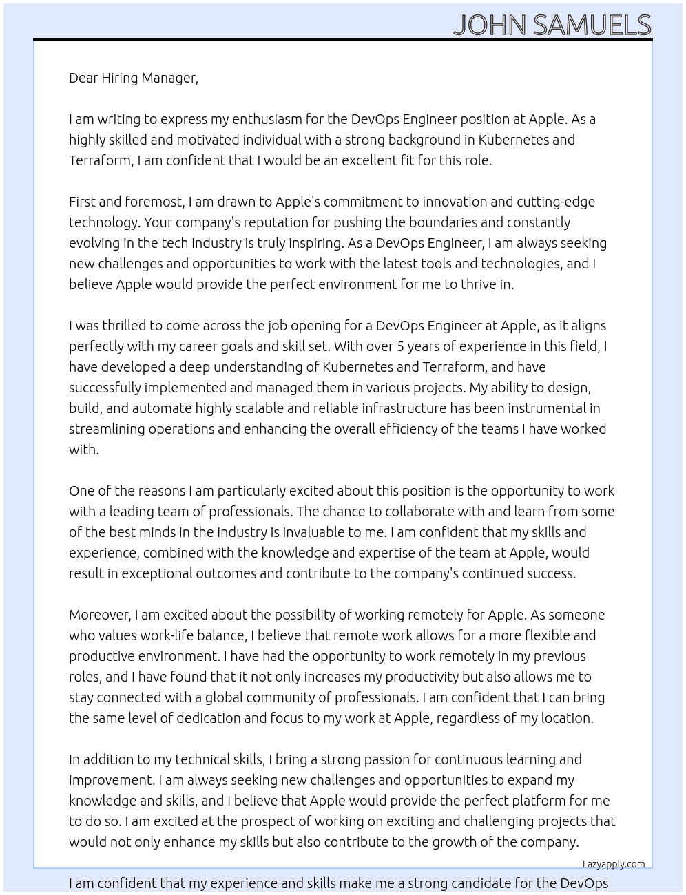 DevOps Engineer At Apple Cover Letter