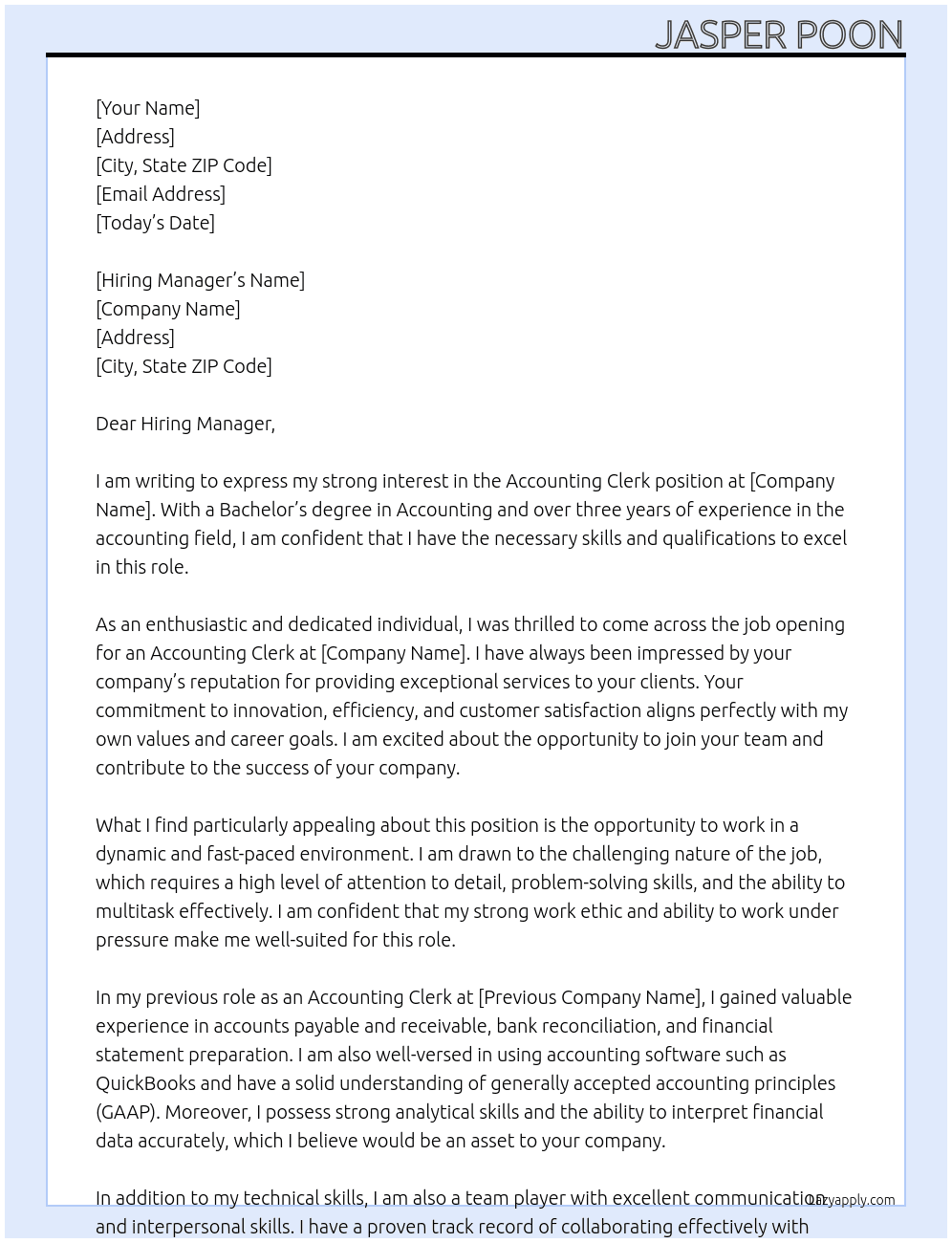 Accounting Clerk At Unknown Cover Letter