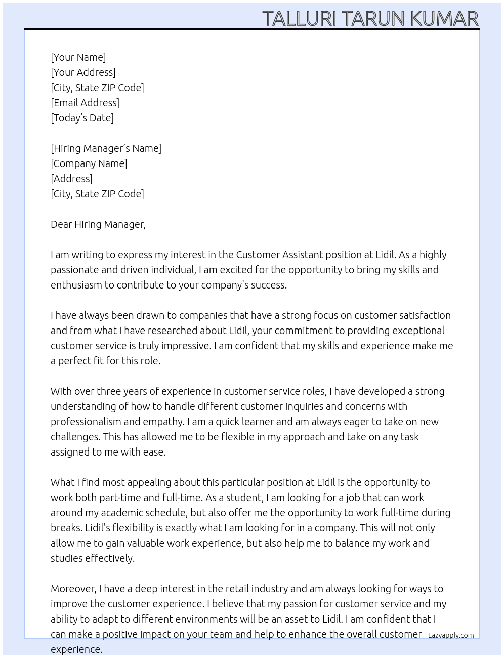 Customer assistant  At Lidil Cover Letter