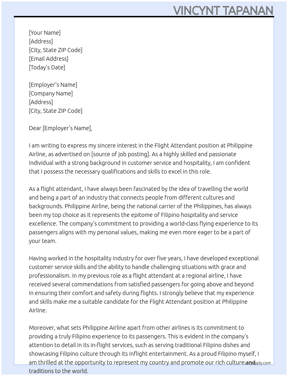 flight attendant At Philippine Airline Cover Letter