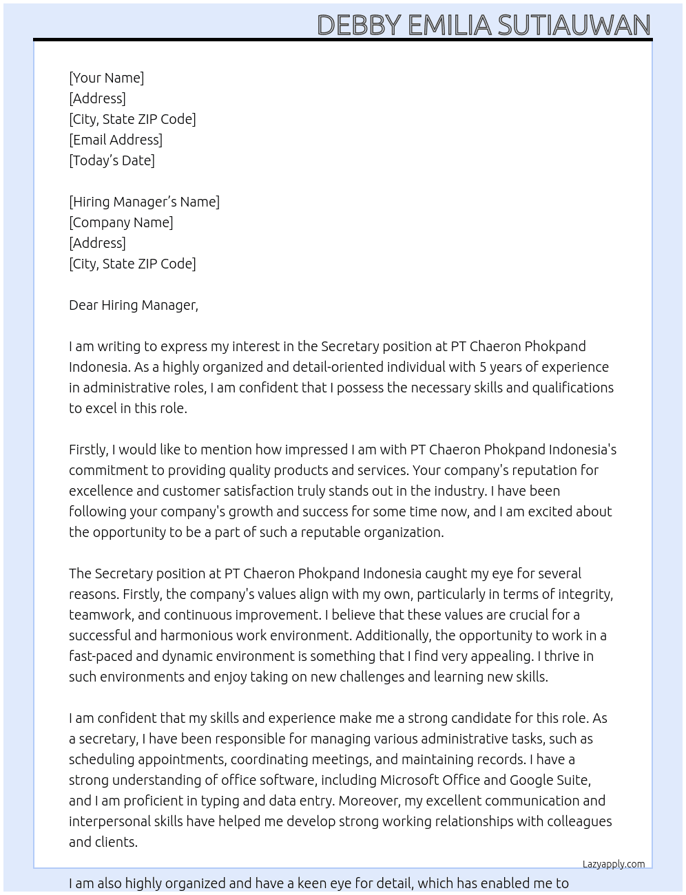 Secretary At PT Chaeron Phokpand Indonesia Cover Letter