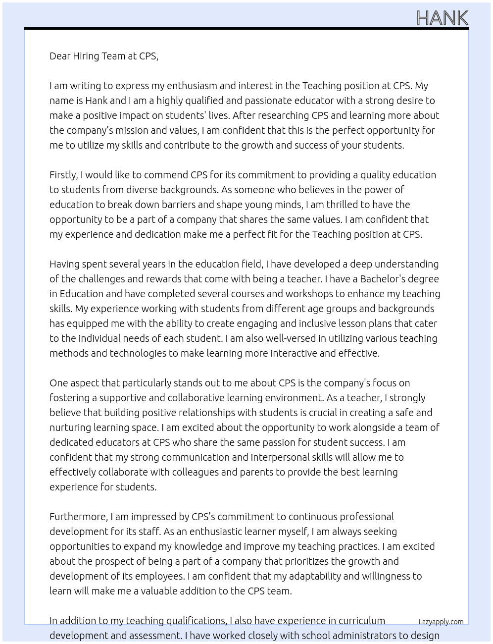 Teacher At cps Cover Letter
