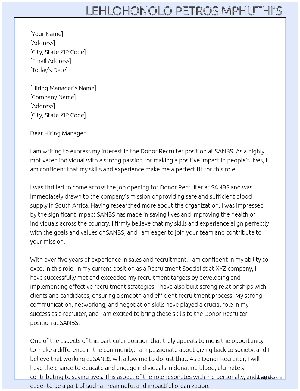 Donor Recruiter At SANBS  Cover Letter