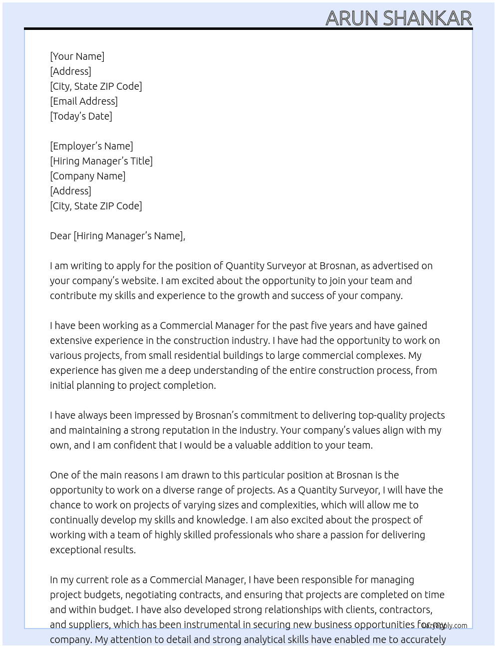 Quantity Surveyor At Brosnan Cover Letter