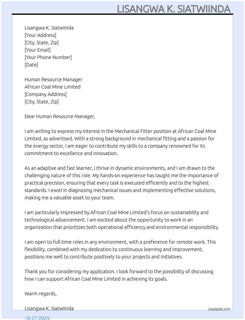 Mechanical fitter At African Coal Mine Limited  Cover Letter
