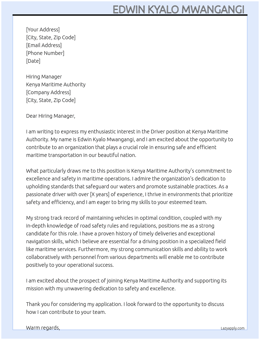 Driver position  At Kenya Maritime Authority  Cover Letter