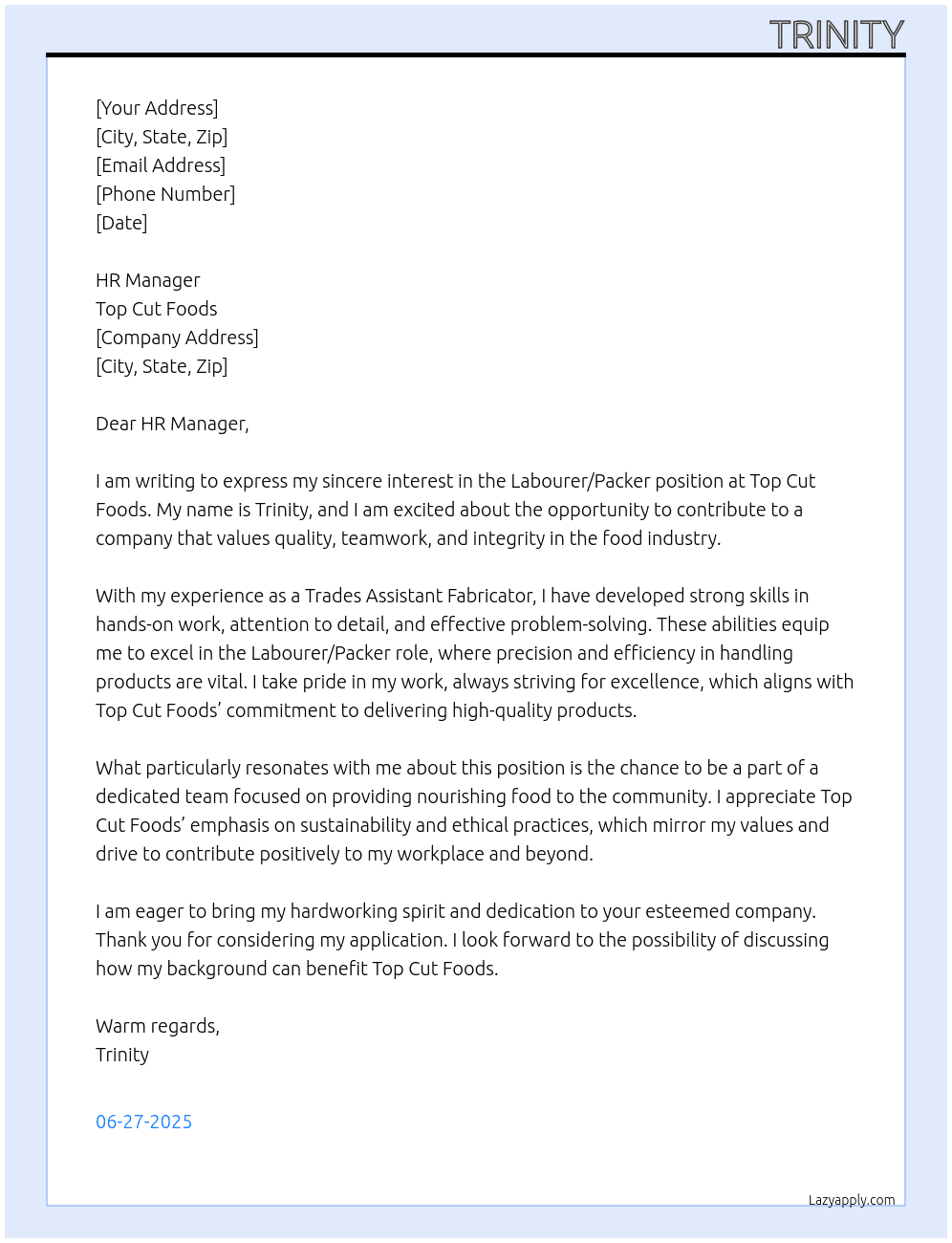 Labourer / Packer At Top Cut Foods Cover Letter