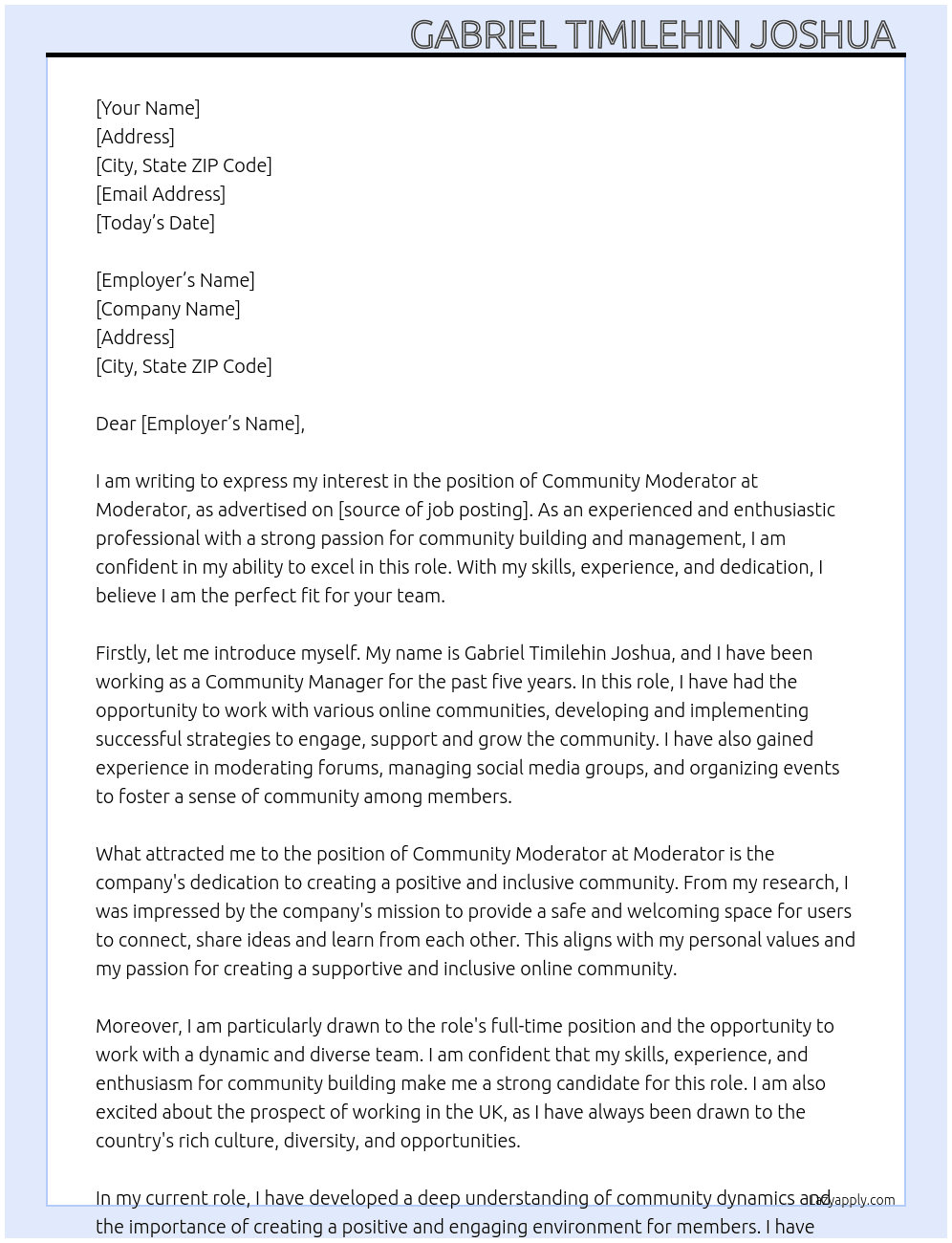 Community moderator  At Moderator  Cover Letter