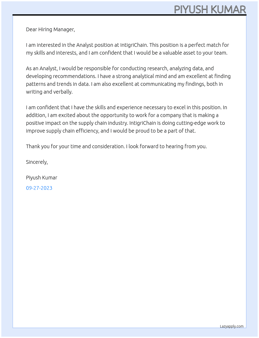 Analyst At IntigriChain Cover Letter