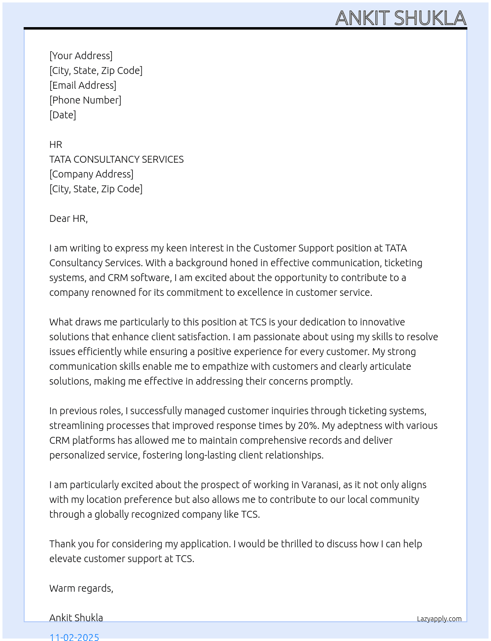Customer Support At TATA COSULTANCY SERVICES Cover Letter