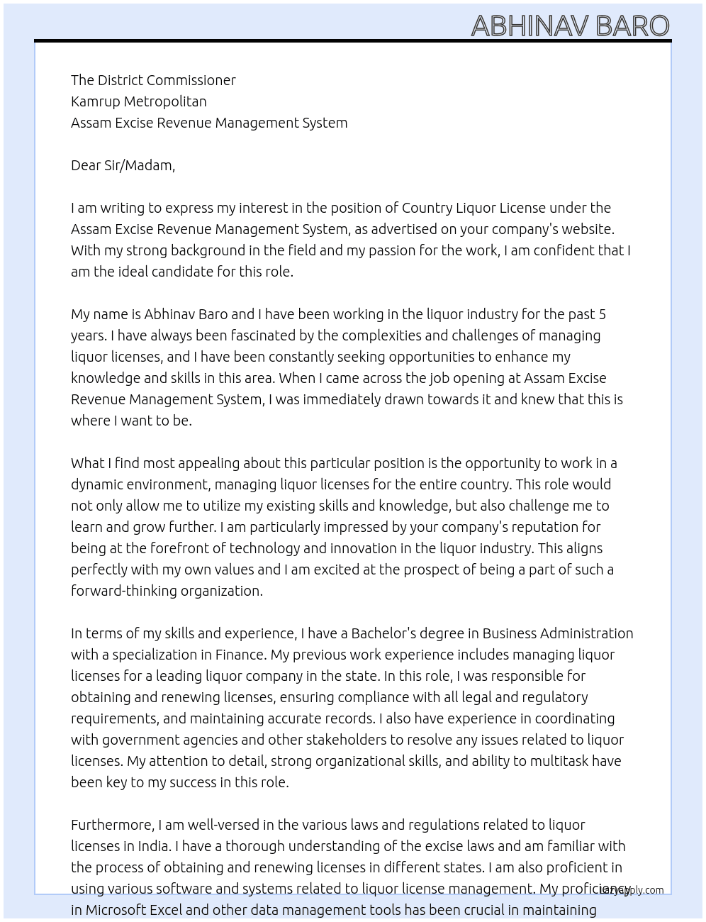 Country Liquor License At Assam Excise Revenue Management System Cover Letter