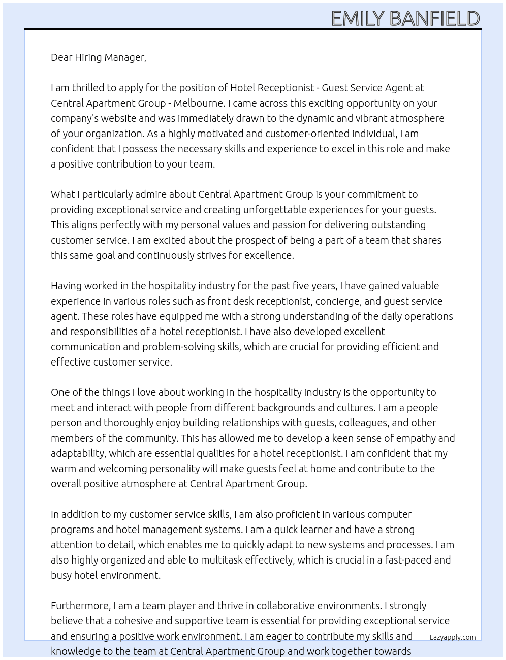 Cover letter for hotel receptionist - guest service agent - LazyApply