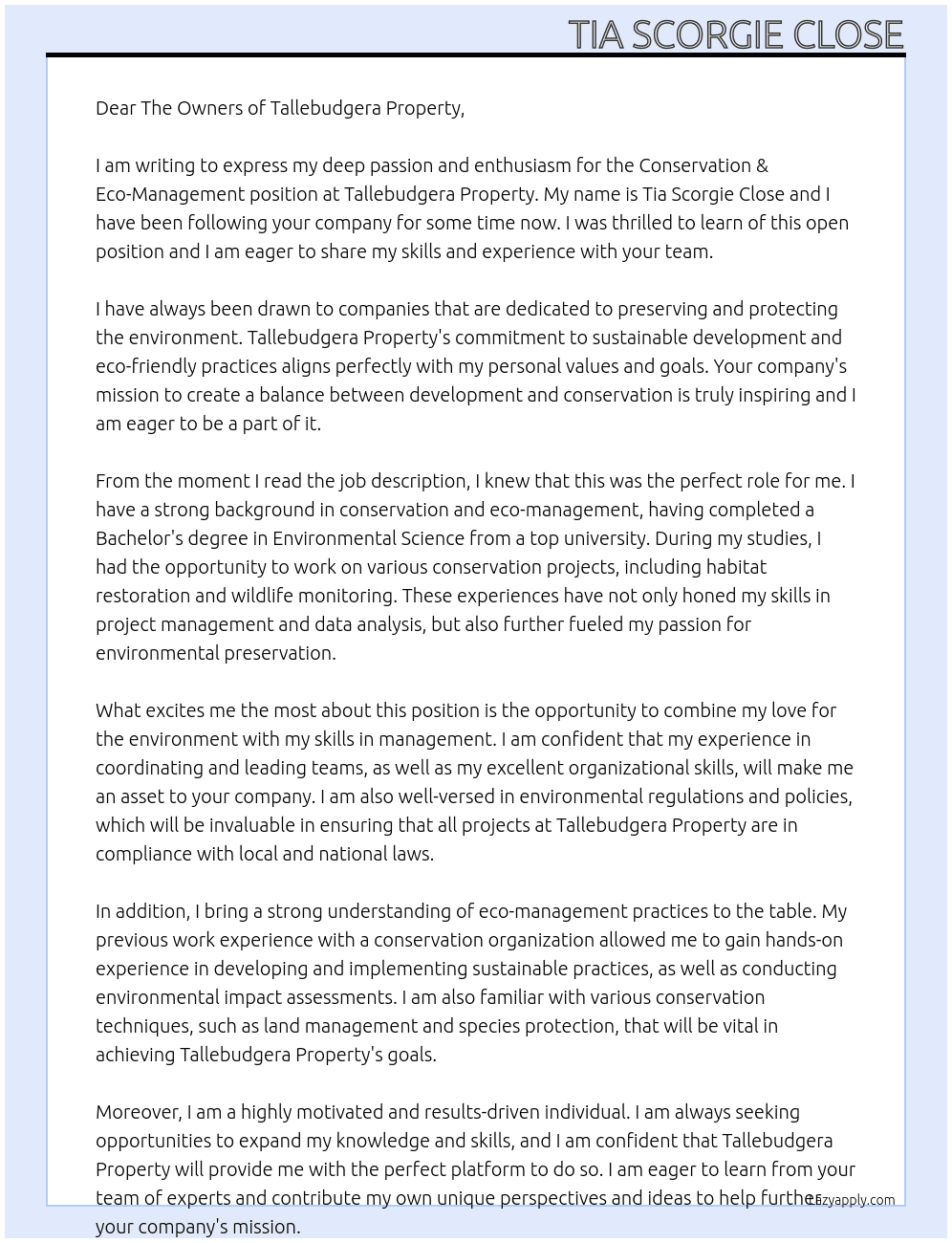 Conservation & Eco-Management At Tallebudgera Cover Letter