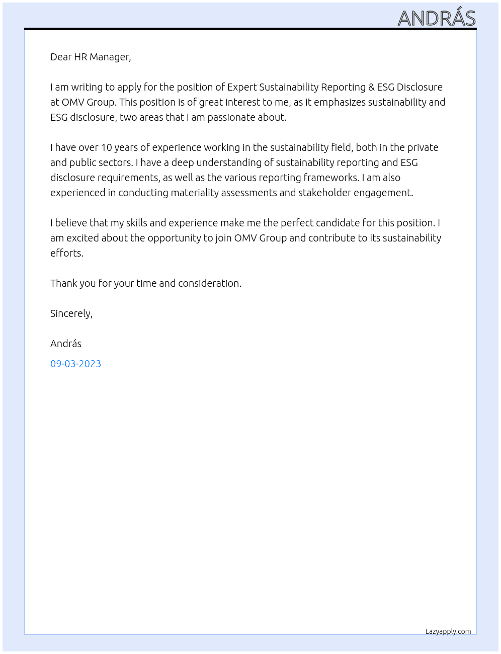 Expert Sustainability Reporting & ESG Disclosure (all genders) At OMV Group Cover Letter