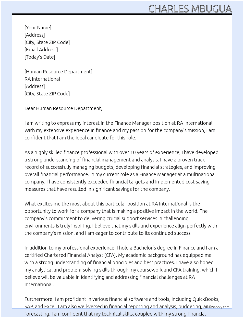 finance manager At RA International Cover Letter