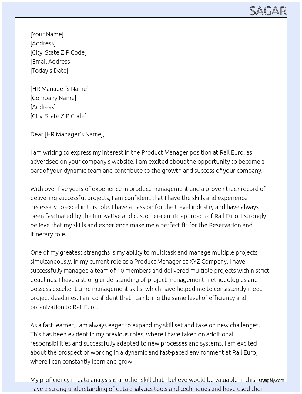 Product Manager At Rail Euro Cover Letter