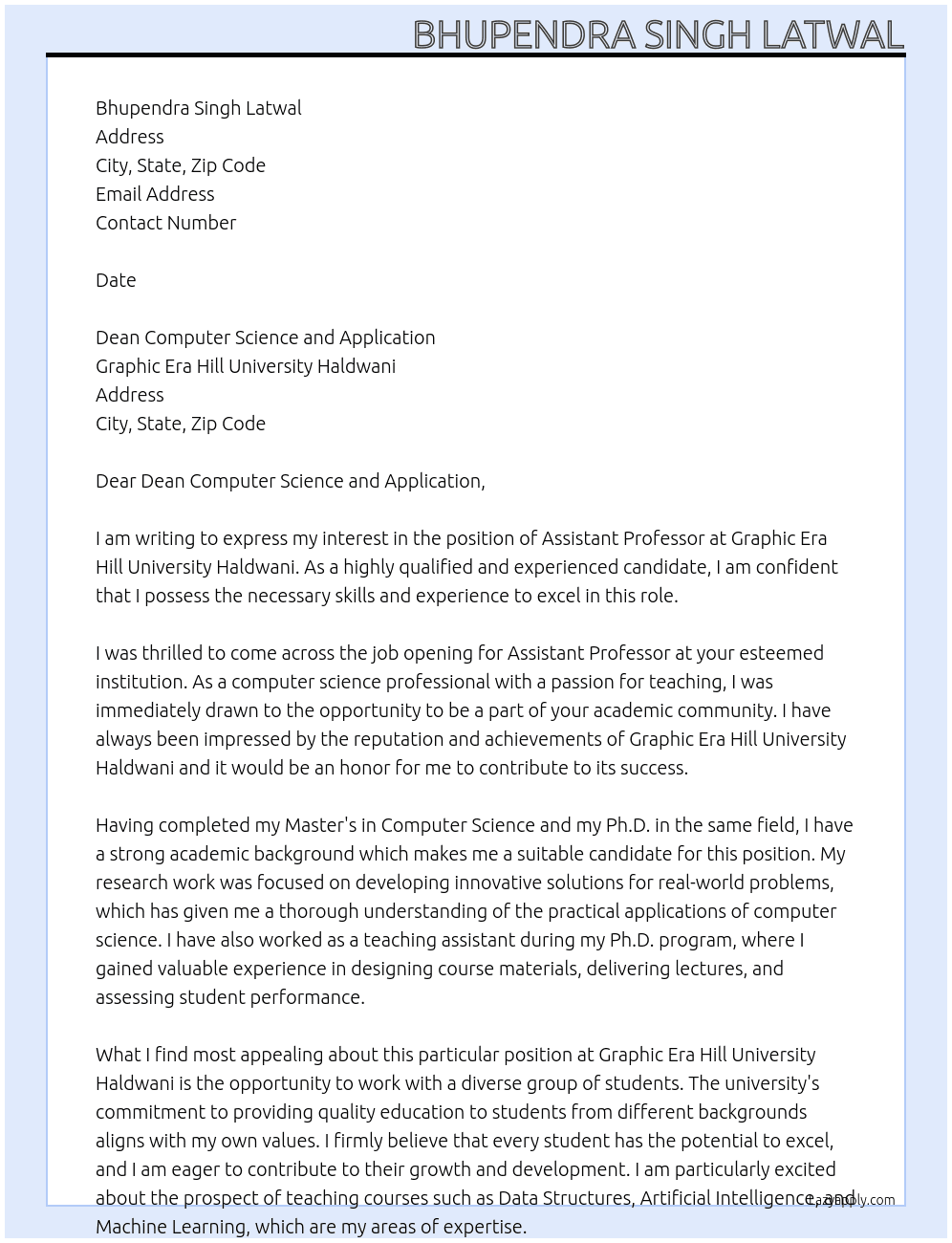 Assistant Professor At Graphic Era Hill University haldwani Cover Letter