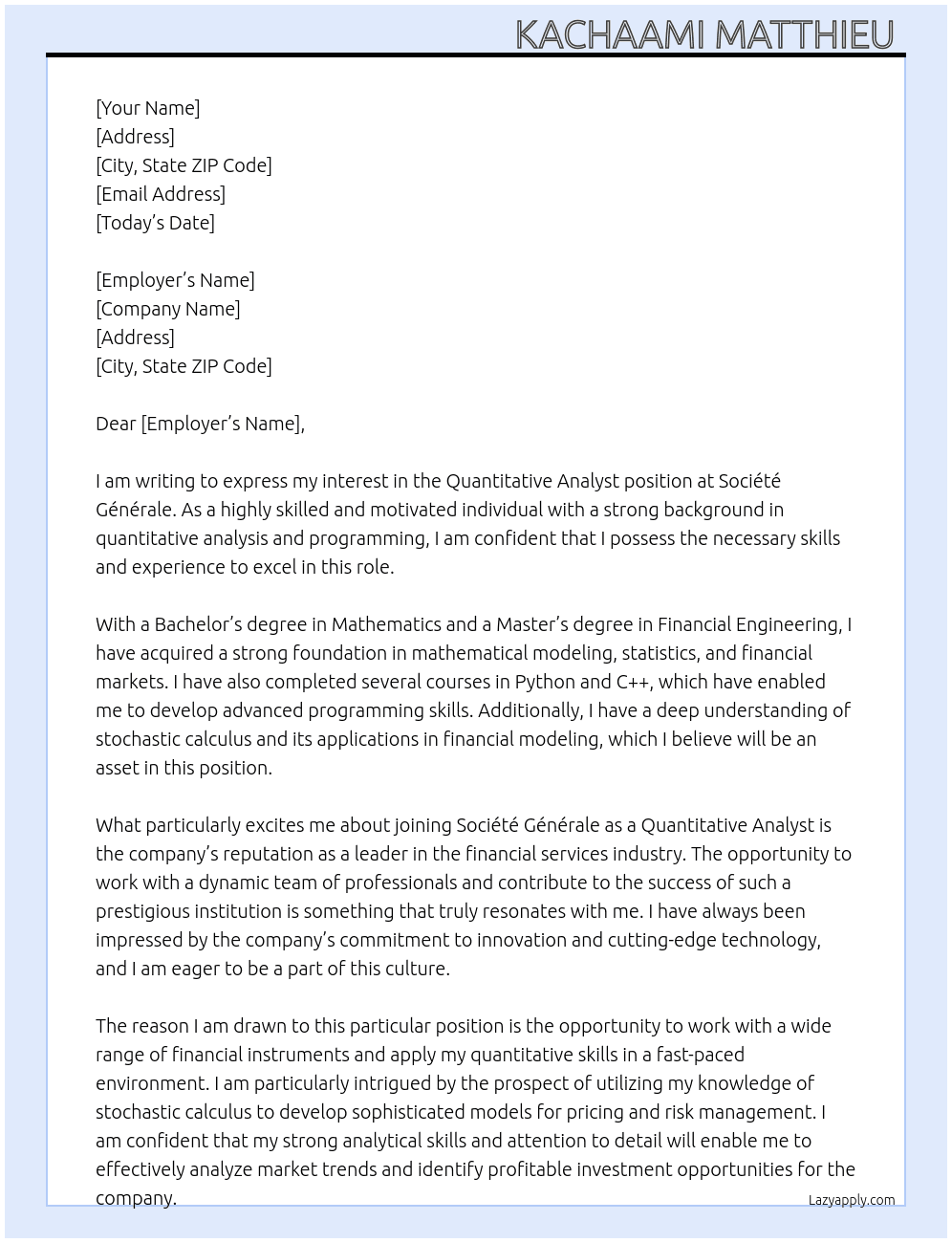 Quantitative analyst  At Société générale  Cover Letter