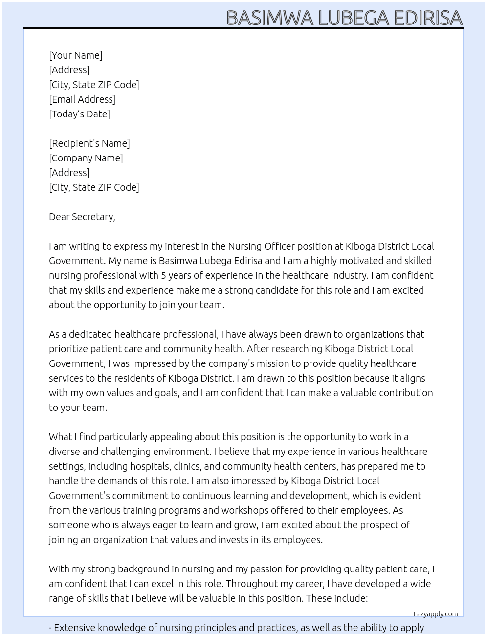 NURSING OFFICER At Kiboga District Local Government. Cover Letter