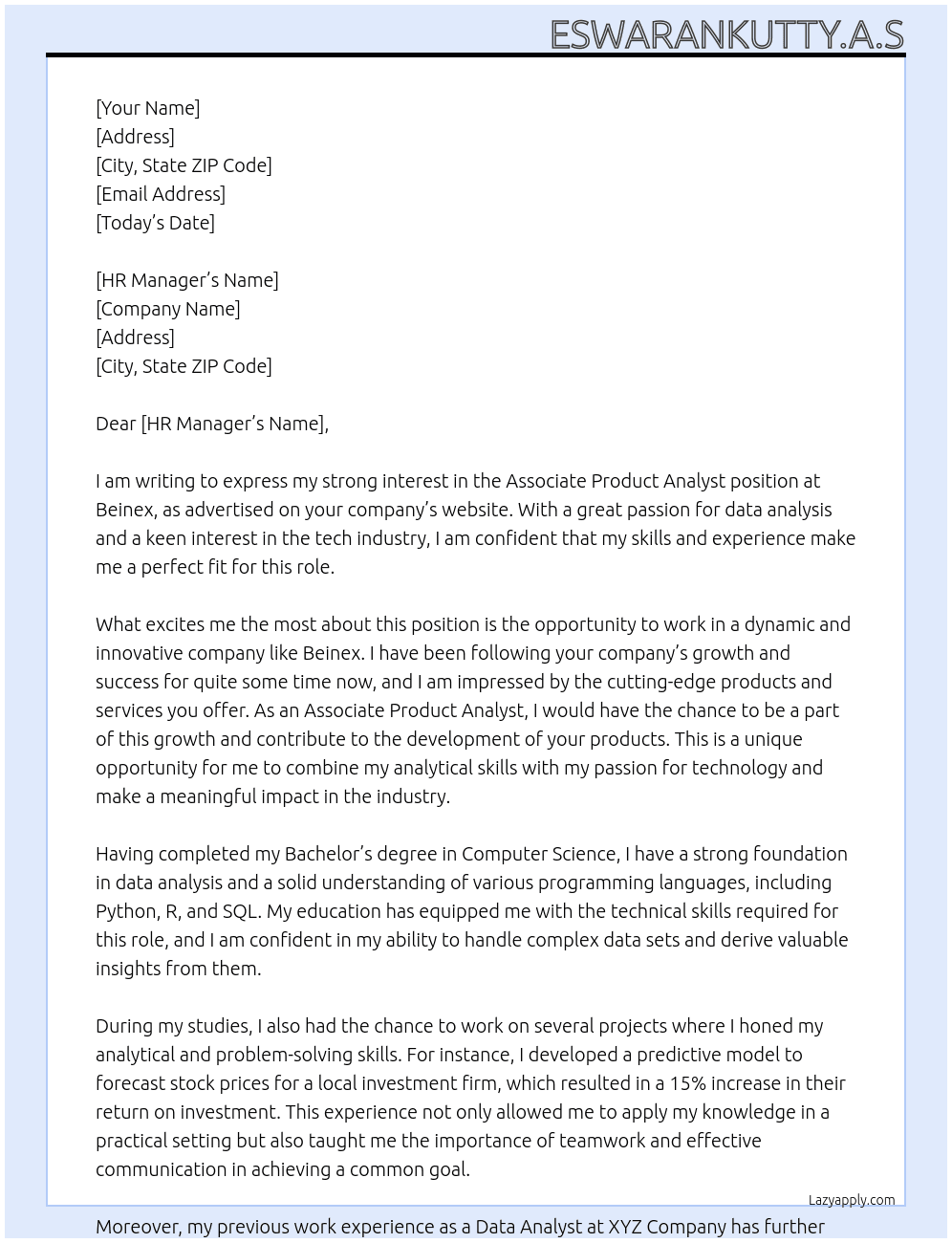 Associate product analyst  At Beinex Cover Letter
