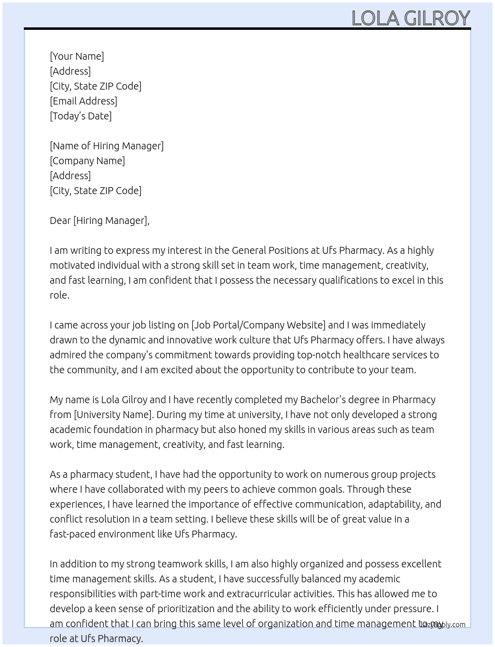 General positions At Ufs pharmacy Cover Letter