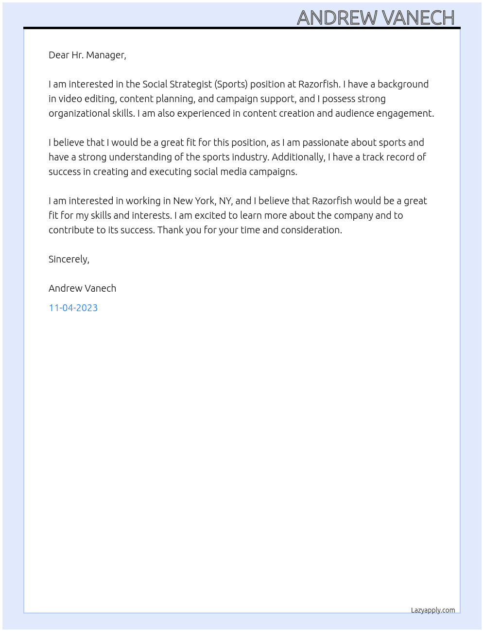 Social Strategist (Sports)  At Razorfish  Cover Letter