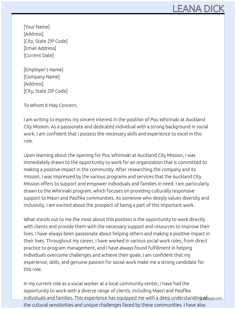 Pou Whirinaki At Auckland city mission Cover Letter