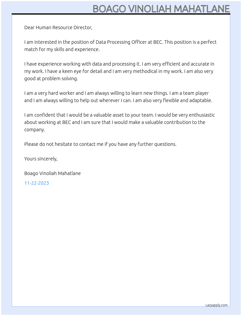 Data Processing Officer  At BEC Cover Letter