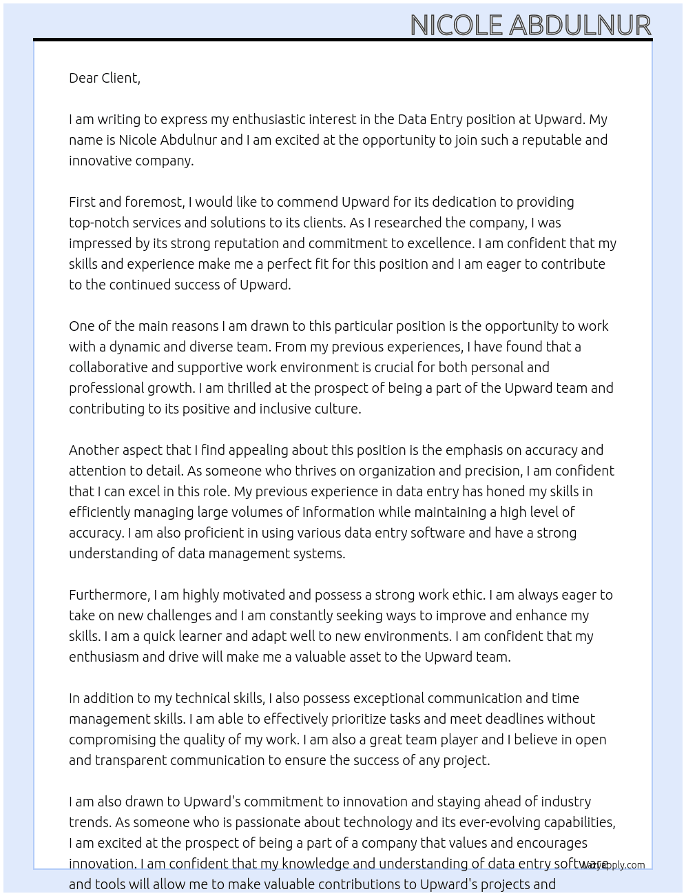 Data entry  At Upward  Cover Letter
