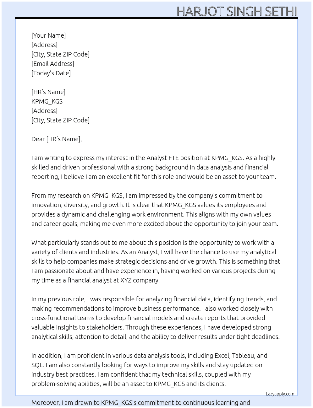 Analyst FTE At KPMG_KGS Cover Letter