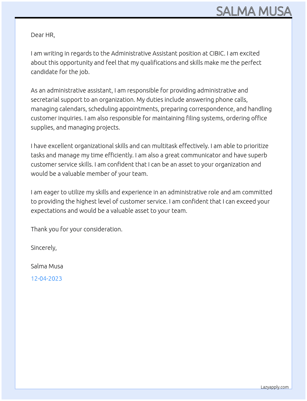 Administrative Assistant At CIBIC Cover Letter