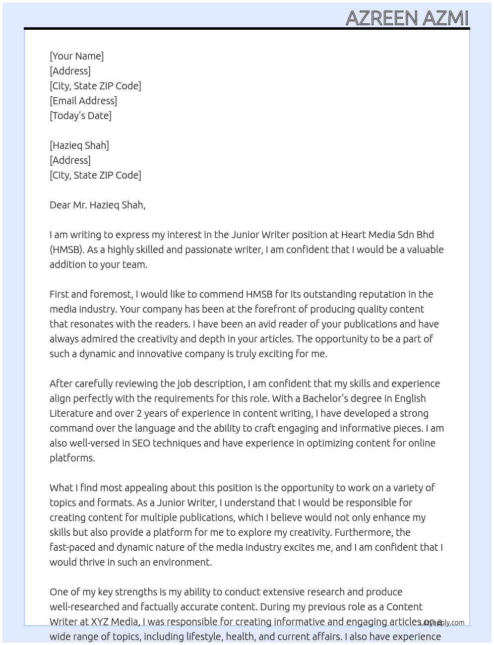 Cover letter for junior writer - LazyApply