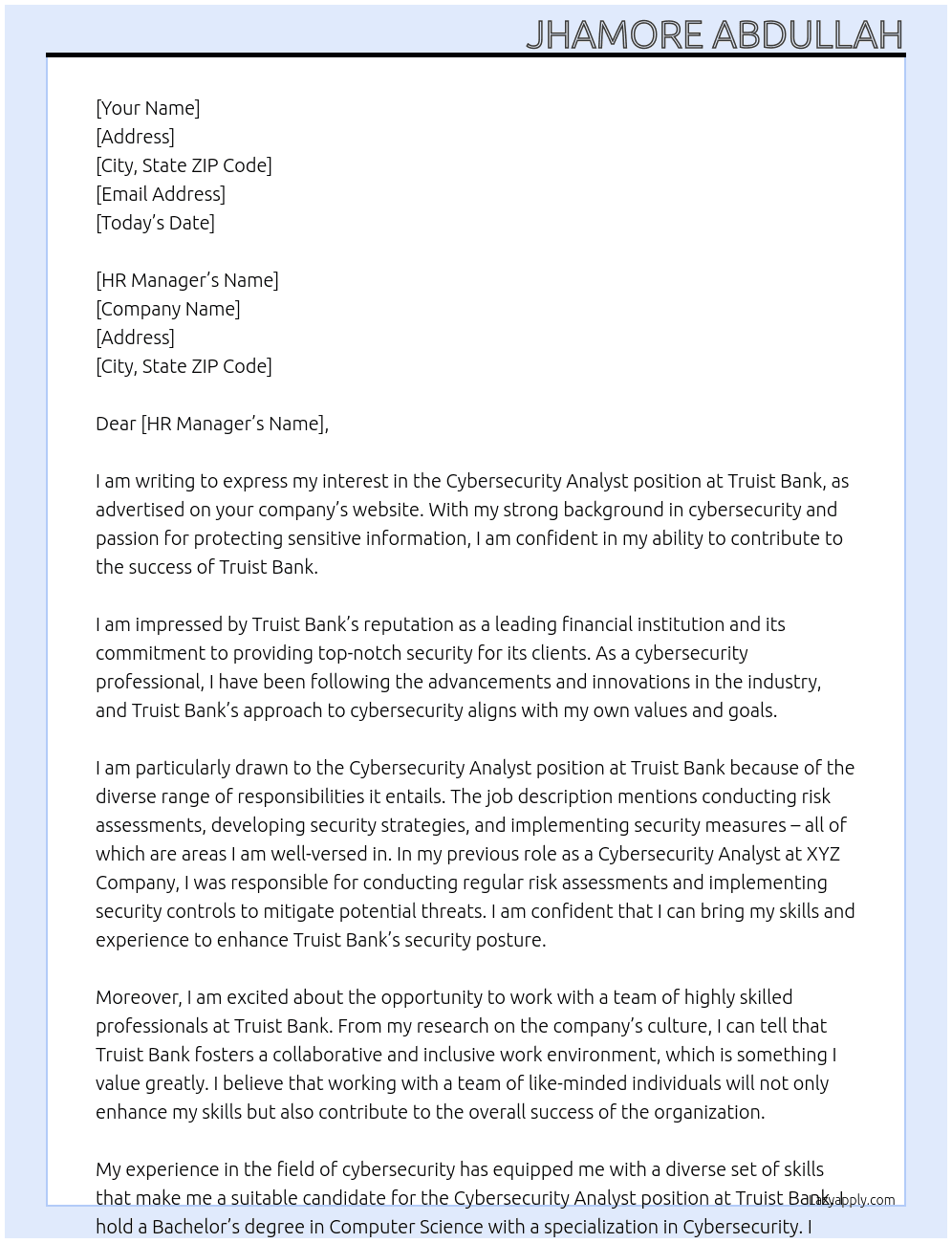 Cybersecurity Analyst At Truist Bank Cover Letter
