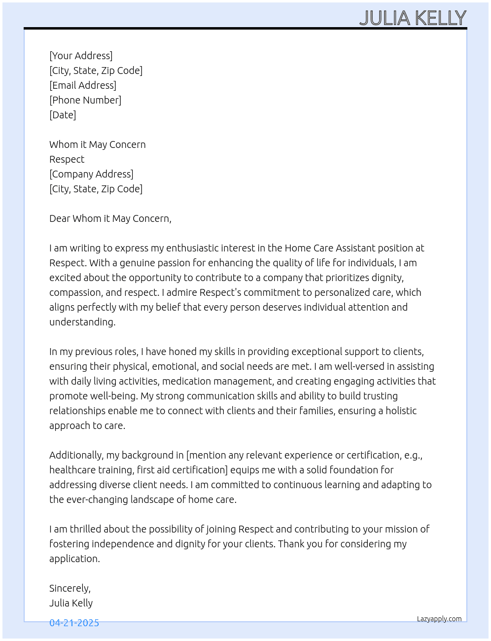 Home Care Assistant At Respect Cover Letter