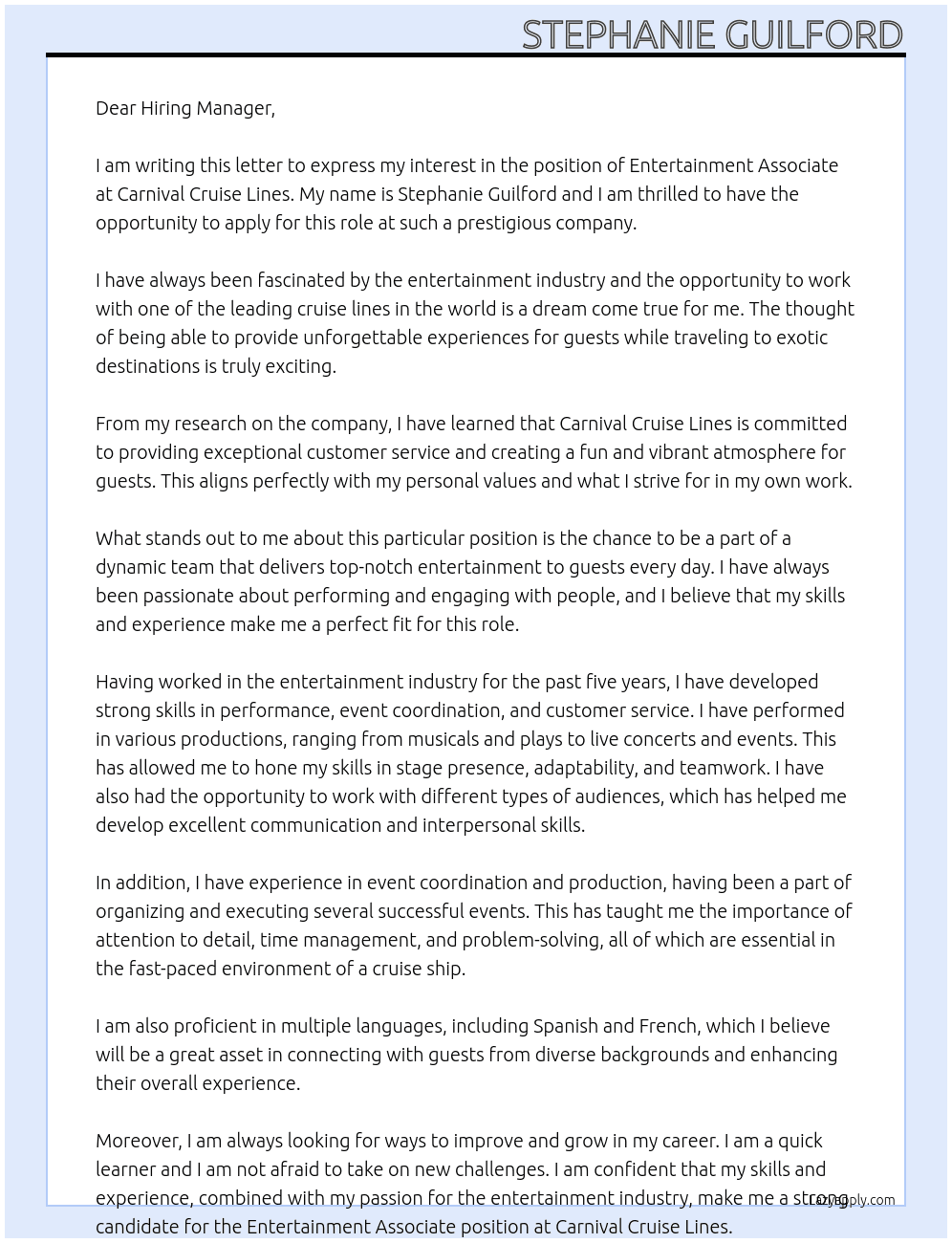Entertainment Associate At Carnival Cruise Lines Cover Letter