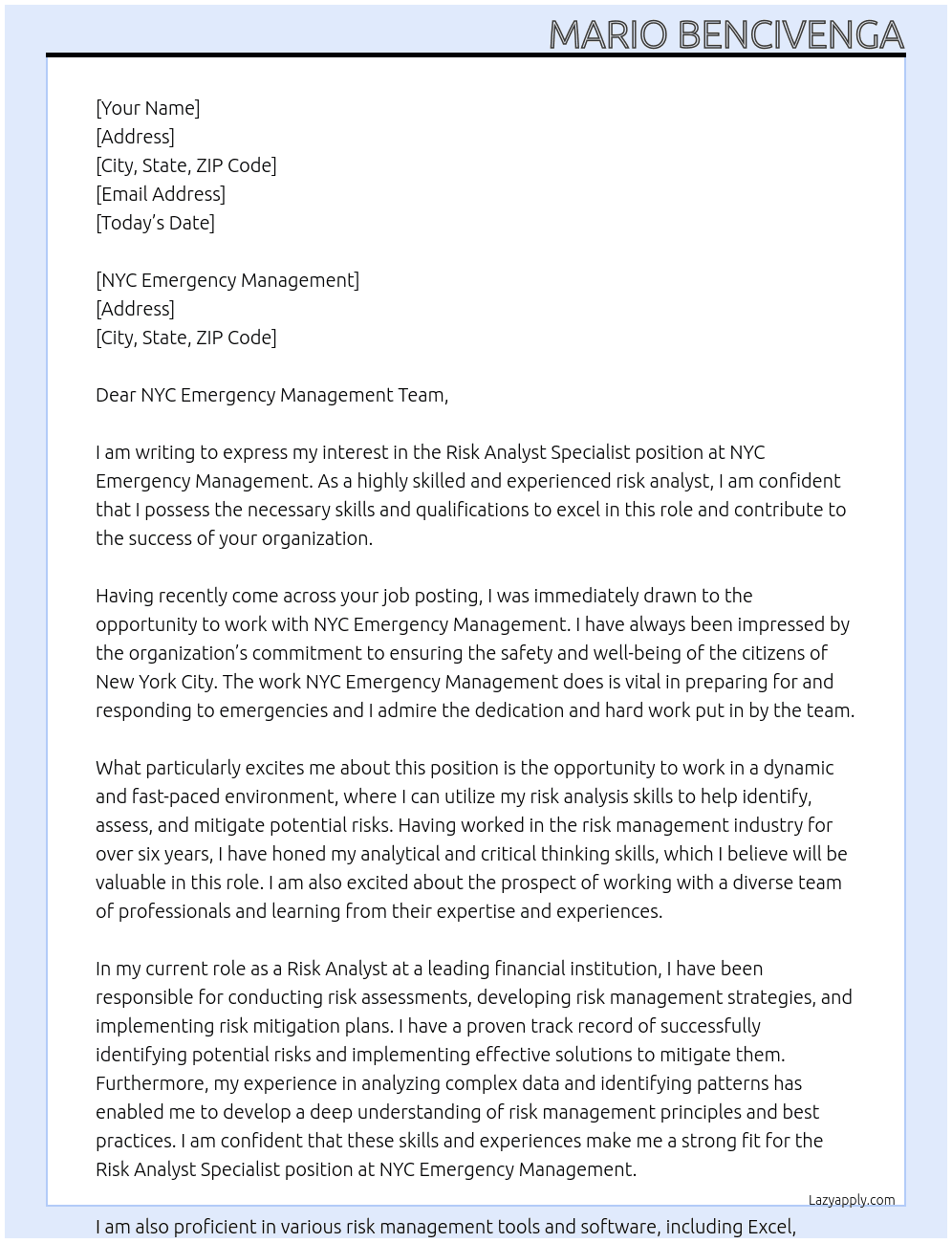 Risk Analyst Specialist At NYC Emergency Management  Cover Letter
