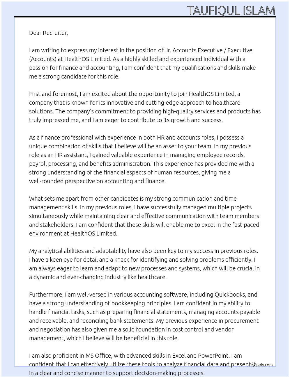 Jr. Accounts Executive / Executive (Accounts) At HealthOS Limited Cover Letter