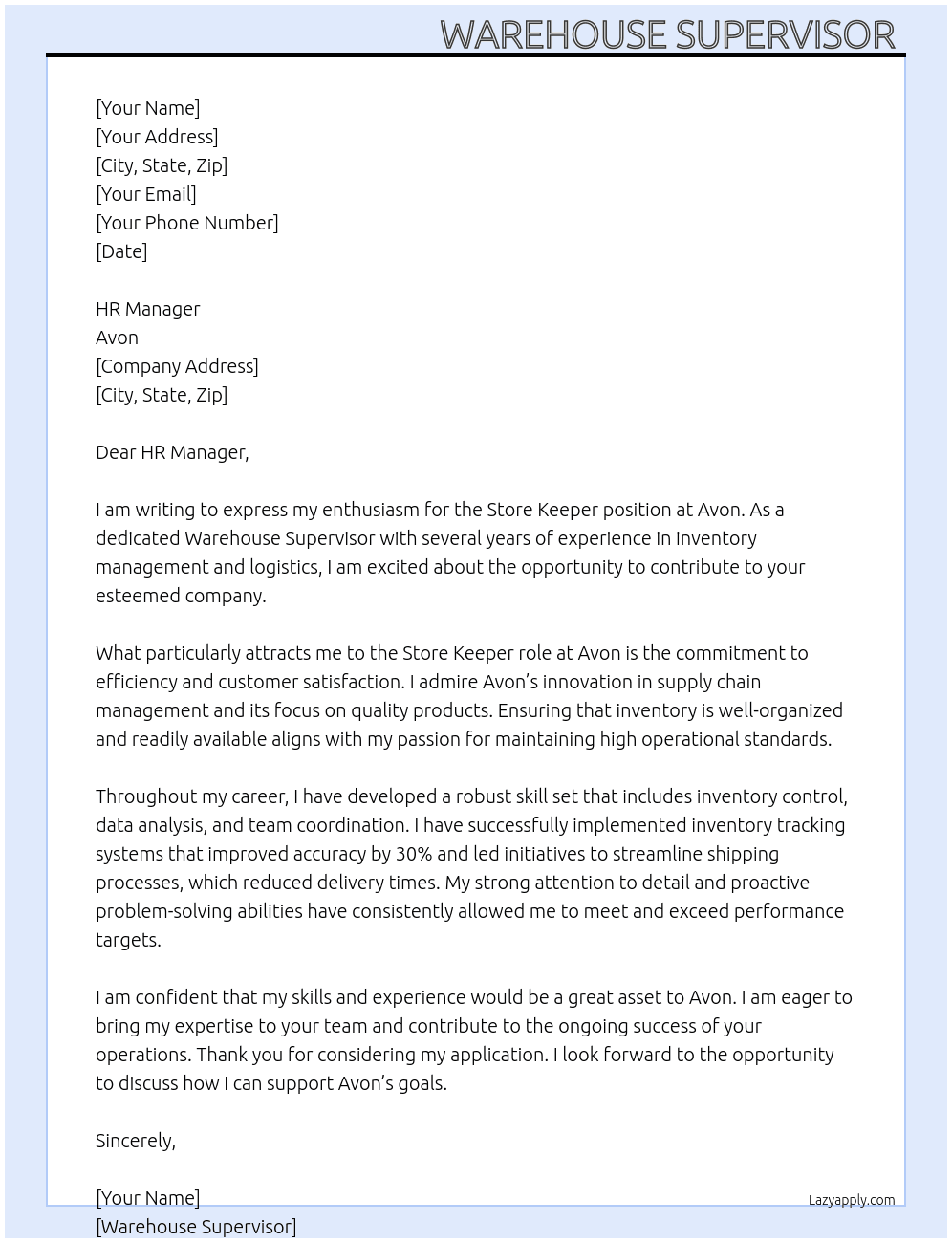 Store keeper  At Avon Cover Letter
