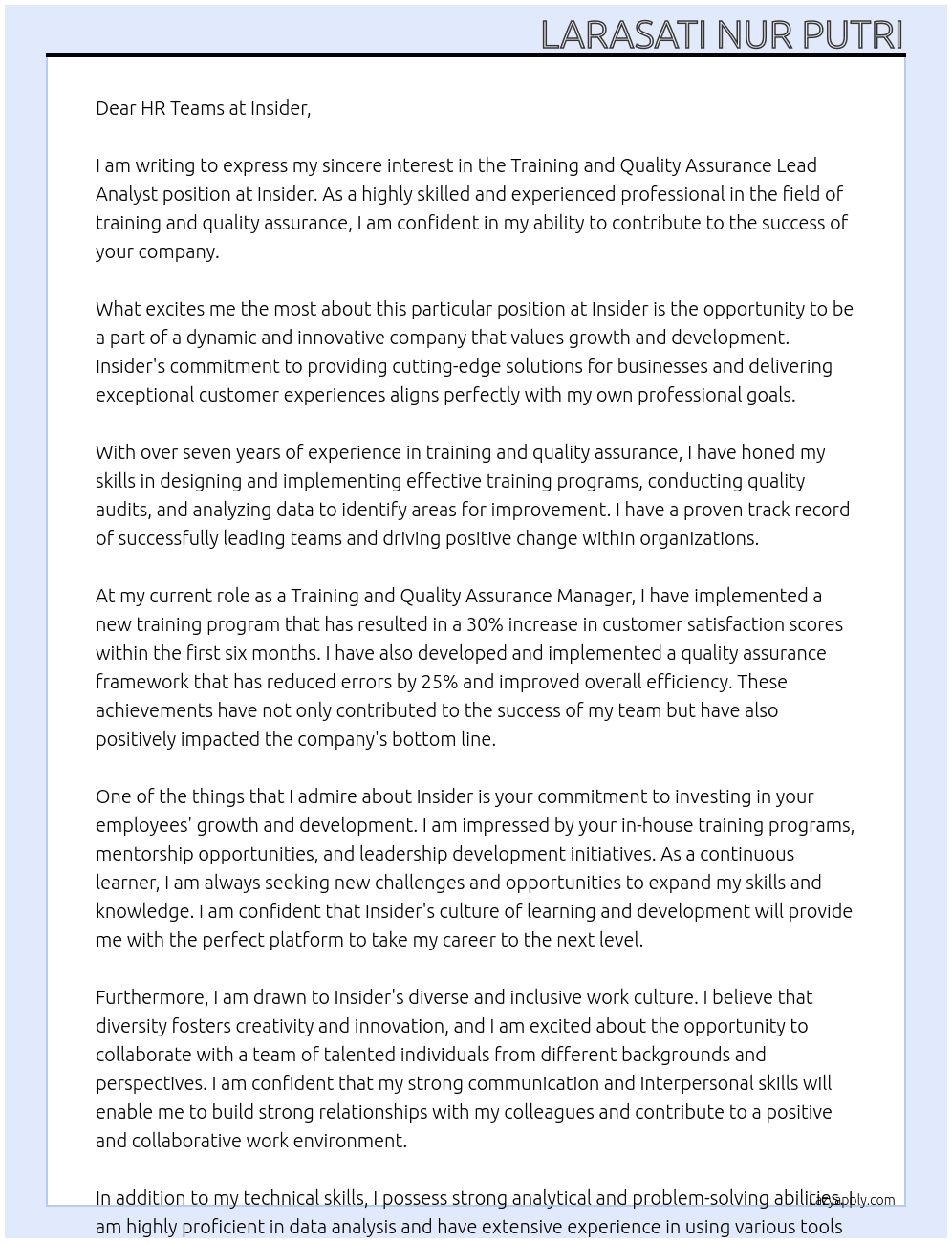 Training and Quality Assurance Lead Analyst At Insider  Cover Letter
