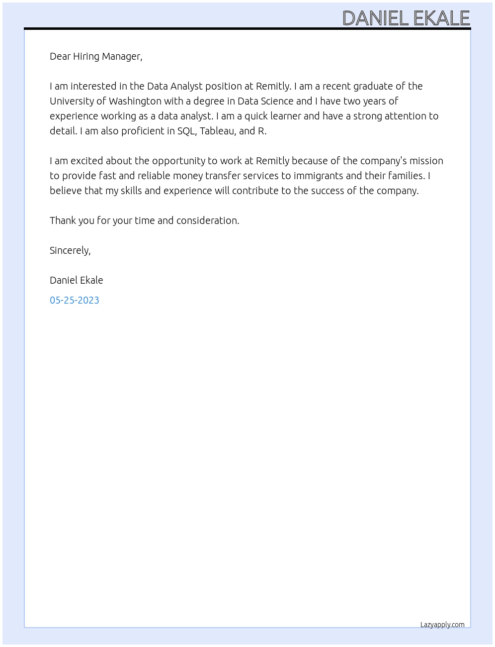 Data Analyst At Remitly Cover Letter