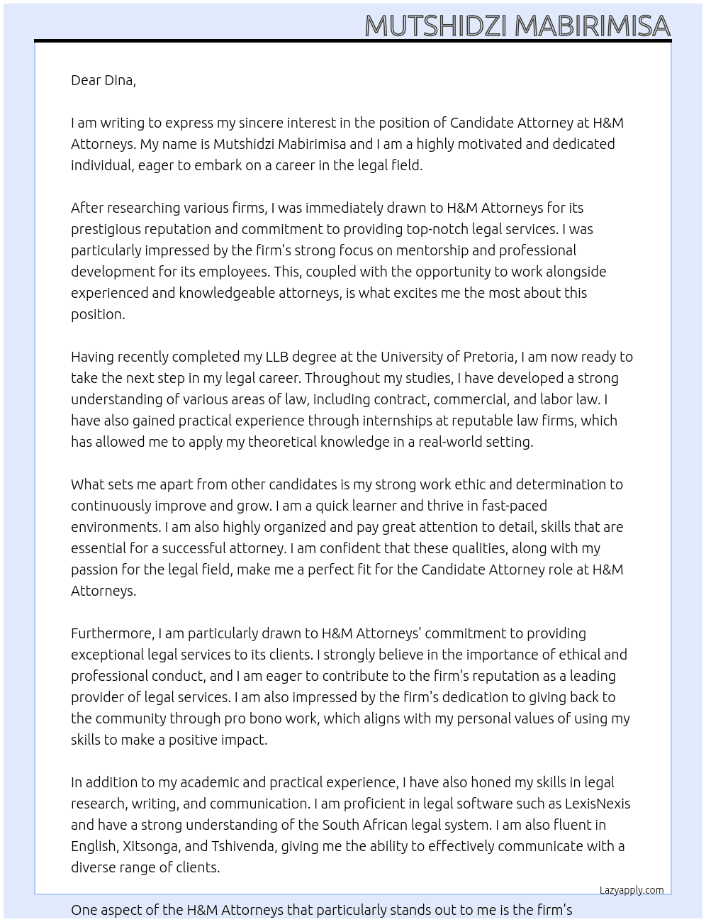 Candidate Attorney At H&M Attorneys Cover Letter