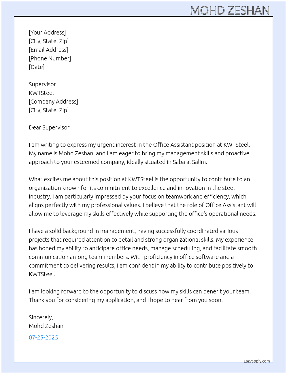 Office assistant  At (KWTSteel) Cover Letter